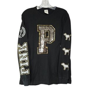 PINK Victoria's Secret Women's Long Sleeve Tee M Black Sequin P Logo Graphic Top